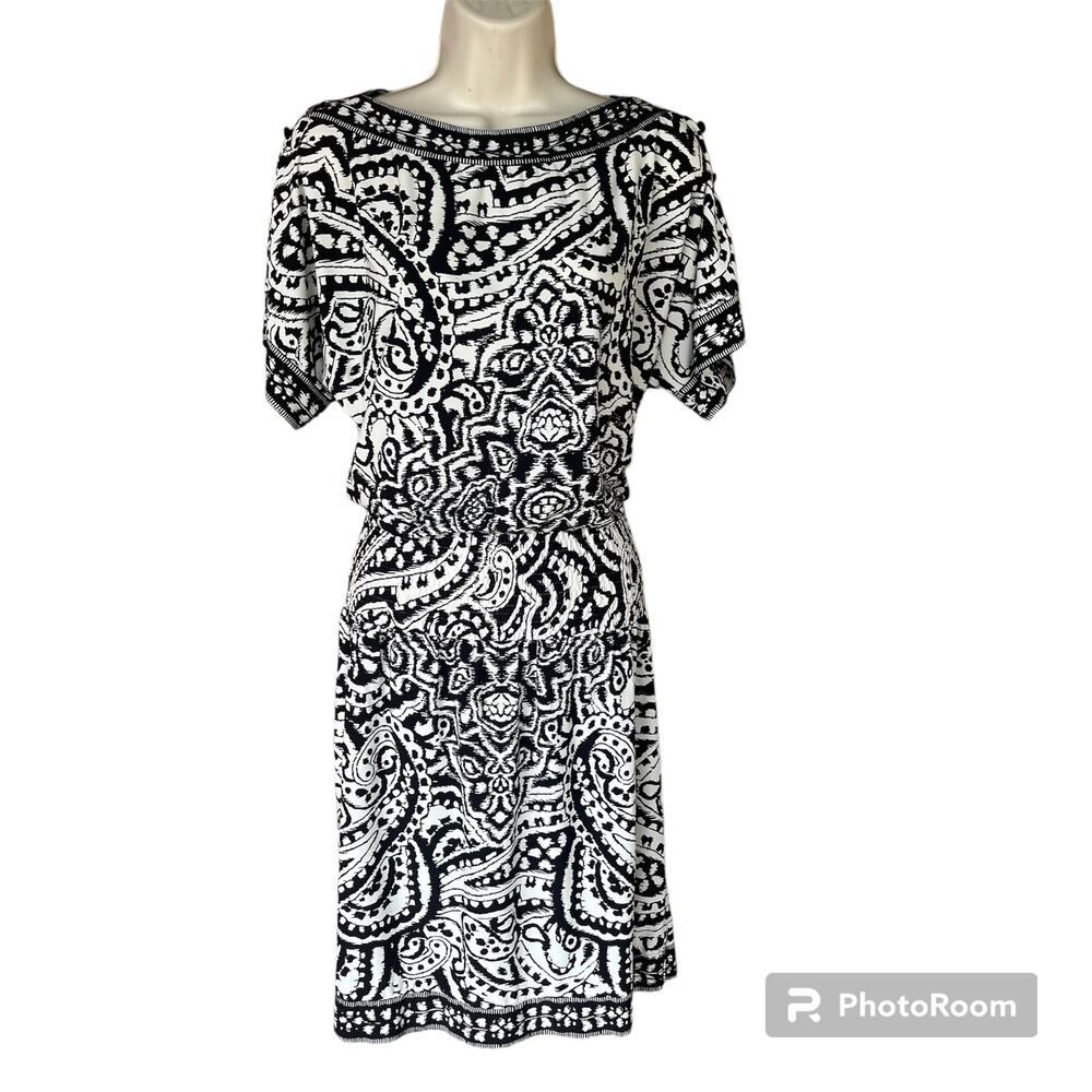 Chico's Blouson Dress Boat Neck Drop Waist Button Shoulder Paisley Print Women S